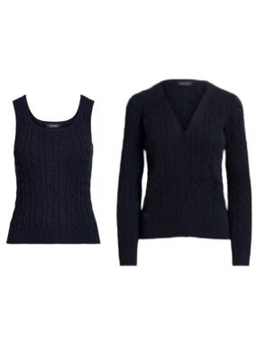 LAUREN RALPH LAUREN 100% Cotton Navy Cable-Knit Sleeveless Top + Cardigan Set
